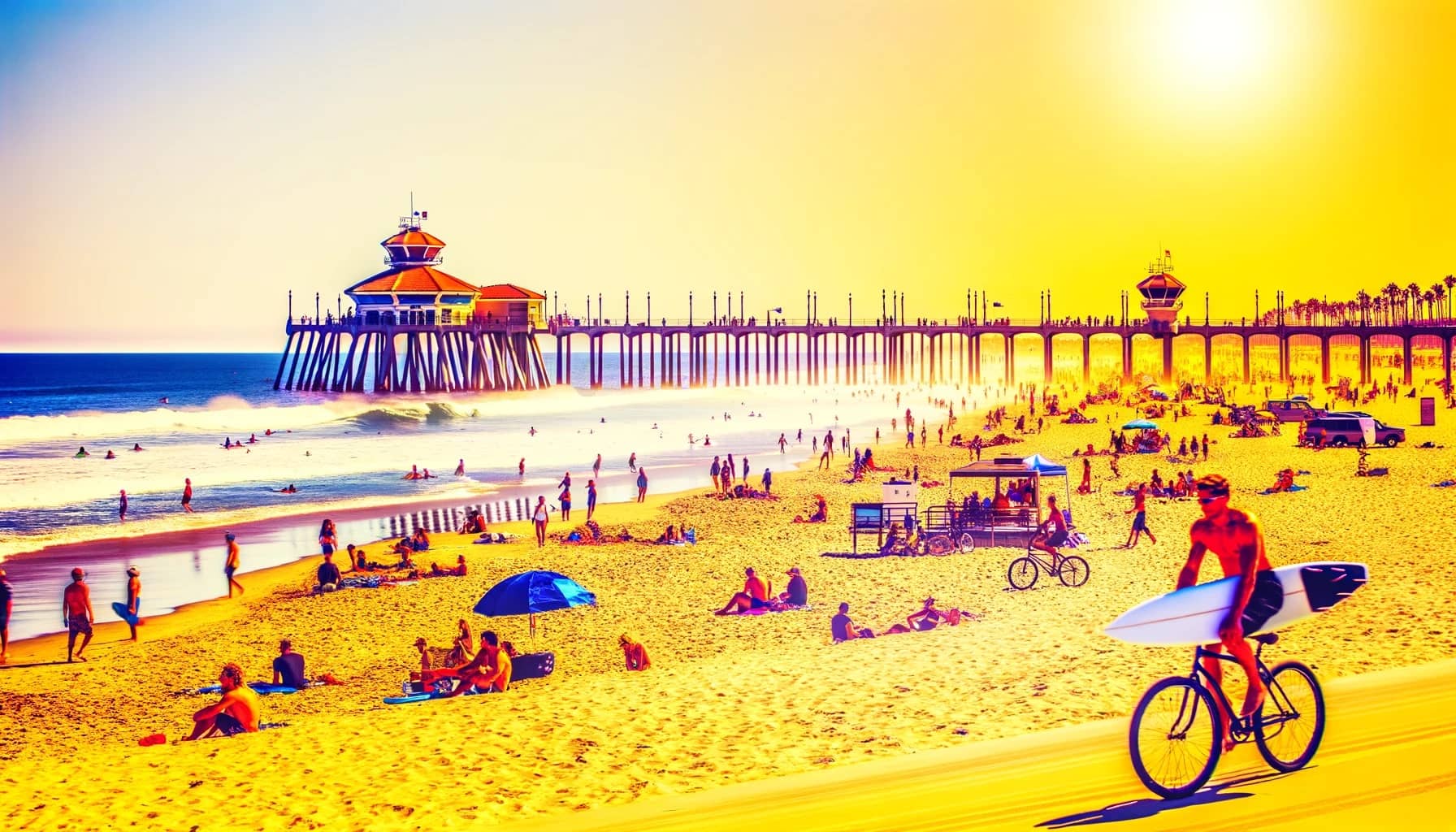 Huntington Beach California, showcasing the lively atmosphere of the beach with people surfing, biking along the beachfront