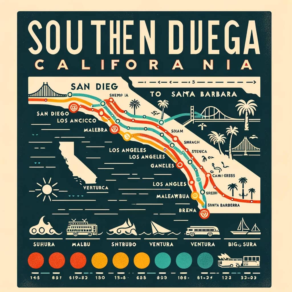 travel poster featuring an outline map of Southern California highlighting the route from San Diego to Santa Barbara