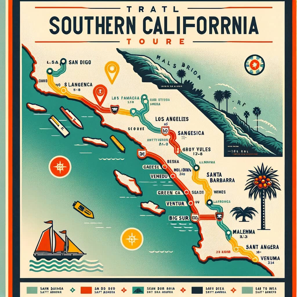 travel poster featuring an outline map of Southern California