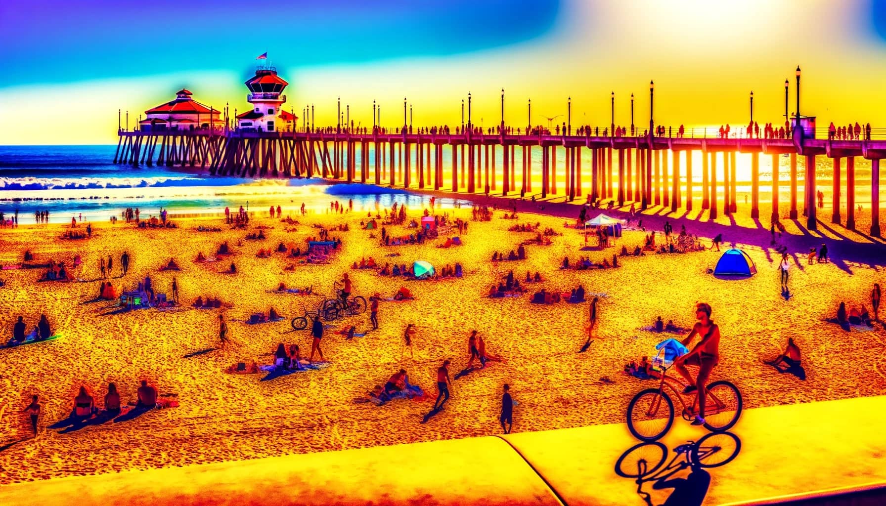 vibrant sunny day at Huntington Beach California showcasing the lively atmosphere of the beach with people surfing biking along the beachfront